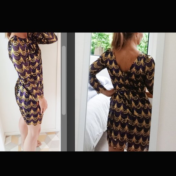 Fancy Cocktail Christmas New Year Sequins Mini Dress size XS Black Gold Purple - Picture 2 of 9